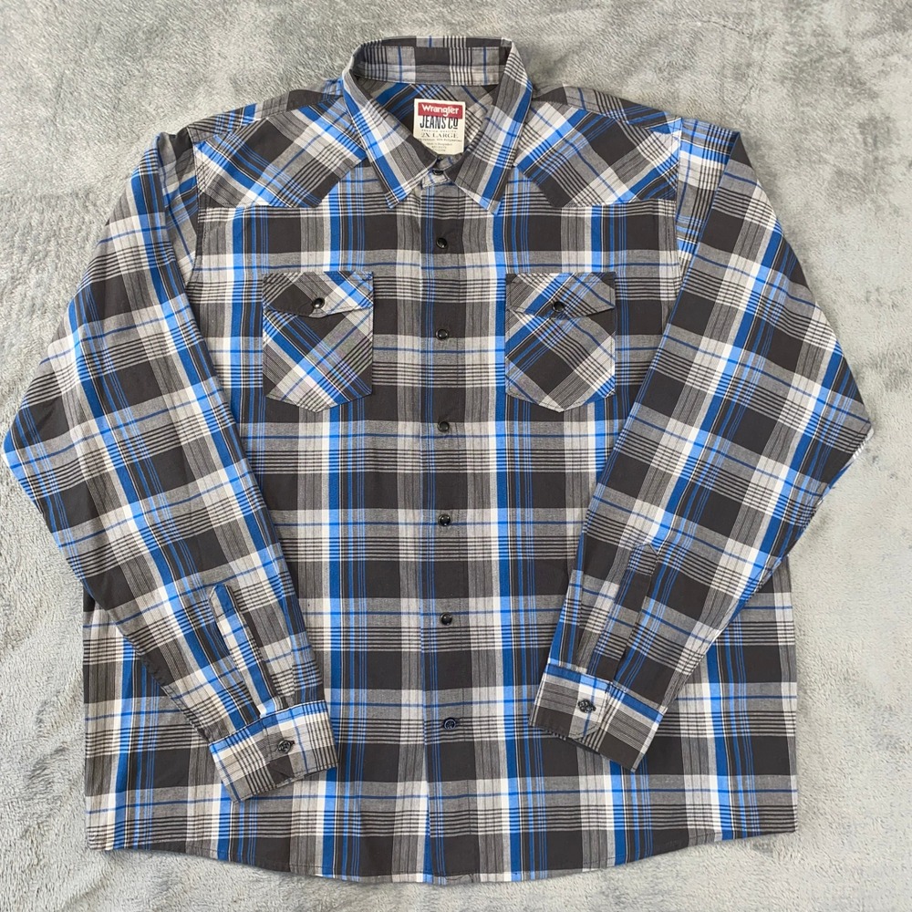 Wrangler Button Down Shirt Mens 2XL Blue Black Plaid Western Snap Long Sleeve